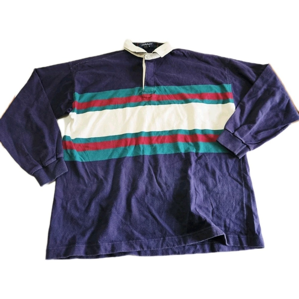 Gant‎ Rugger Mens Vintage Striped Rugby Shirt Navy Teal Burgundy USA Made Large